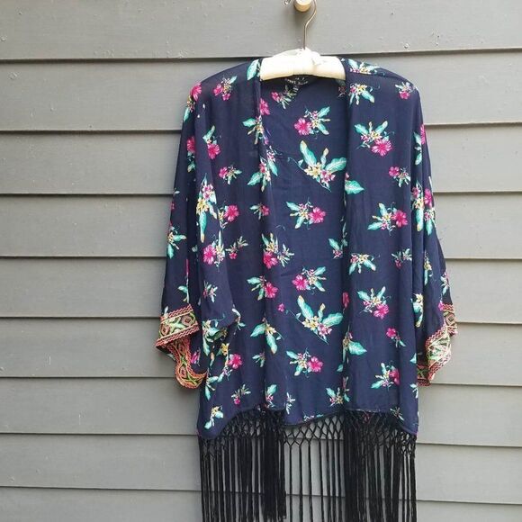 Sweet Rain Navy Floral Sheer Duster with Black Fringe and neon sleeves Large - Picture 8 of 8